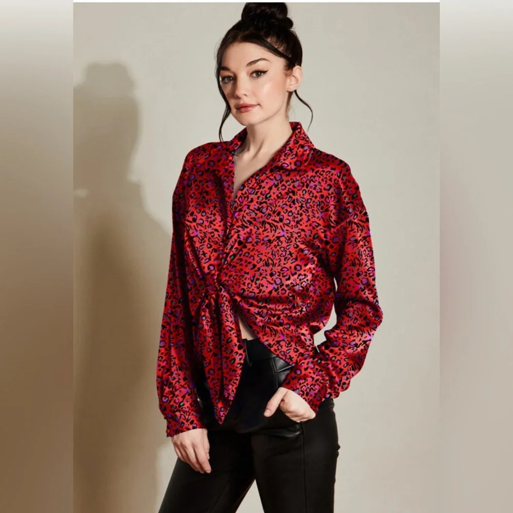 HUTCH CHERRY LEOPARD TIE WAIST BUTTON UP BLOUSE